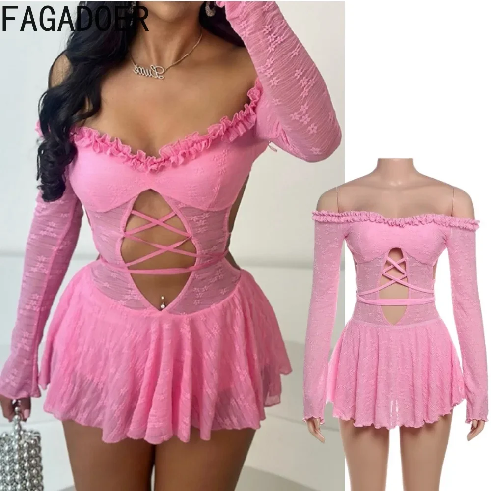 

FAGADOER Off Showlder Mesh Sexy Mini Dress Women Pink See Through Ruched Patchwork Bandage Dresses Hot Girl Streetwear Vestidos