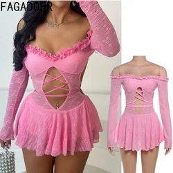 FAGADOER Off Showlder Mesh Sexy Mini Dress Women Pink See Through Ruched Patchwork Bandage Dresses Hot Girl Streetwear Vestidos