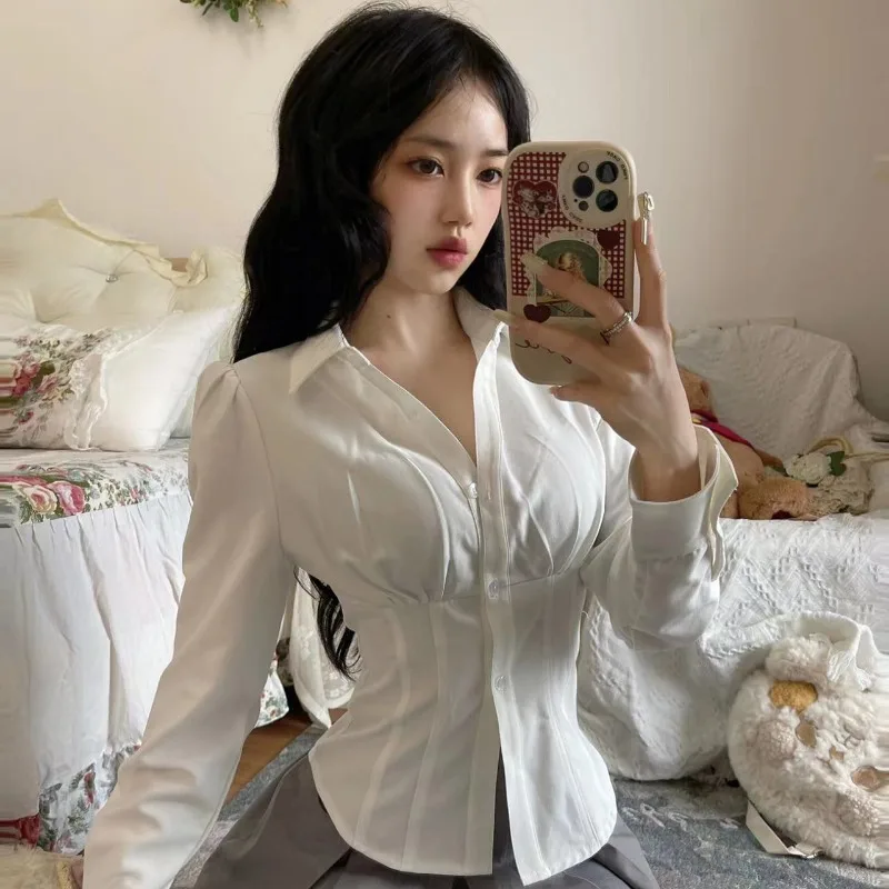 JK Shirts Women Long Sleeve Sexy Slim Hot White All-match Defined Waist Chic Spring Summer Tops Female Design Minority