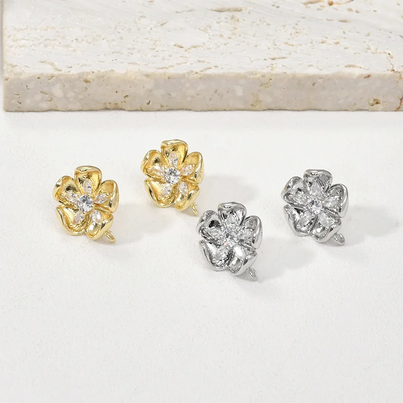 Copper-plated 14k Gold Color Zircon Five-leaf Flower Cherry Blossom Silver Needle Earrings DIY Homemade Ear Jewelry Accessories