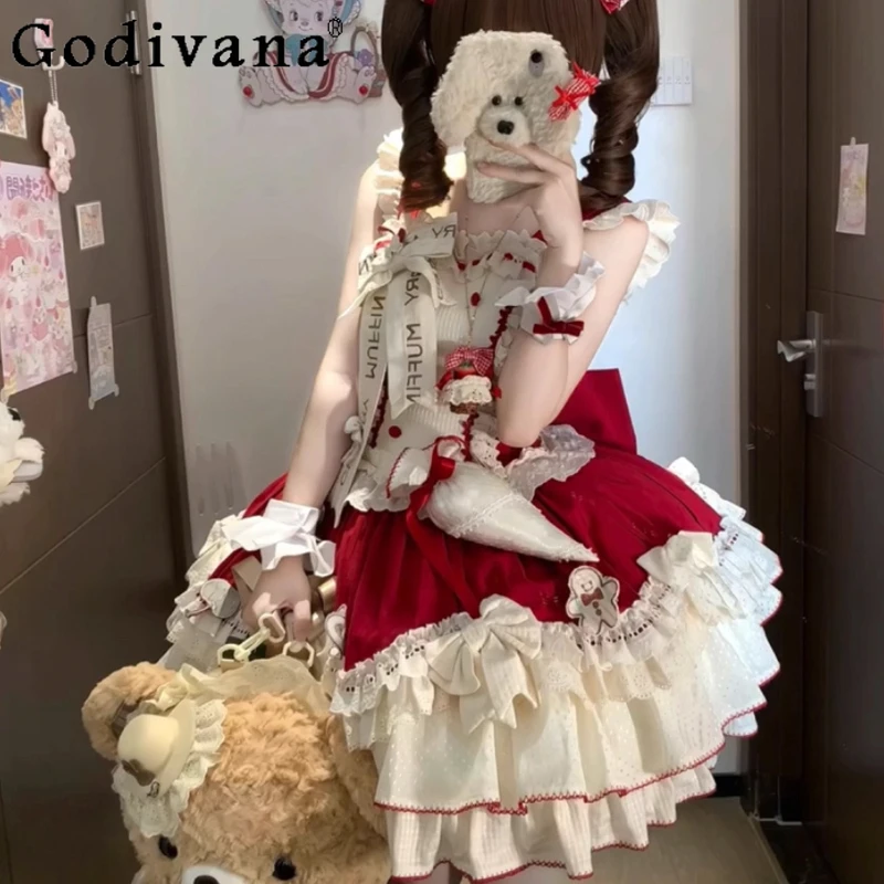 الحلو لطيف الأحمر والأبيض لوليتا فستان المرأة لوليتا خمر دمية الزفاف فستان الأميرة الفتيات لوليتا فستان حفلة عيد ميلاد