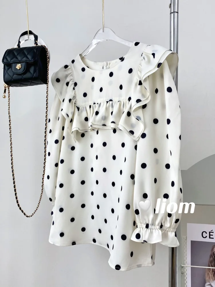 Retro Puff Sleeve Top Sweet Lotus Leaf Shirt Lady Spring Summer New Japanese Style Polka Dot Frill Commuter Blouse Women