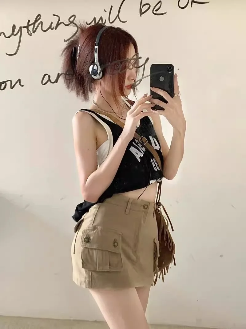 Cowboy-Midirock mit hoher Taille und amerikanischem Khaki-Farbton, kurzer Sommerrock im „Spicy Girl“-Stil, figurbetonter Rock für den Arbeitsalltag. – Detail 7