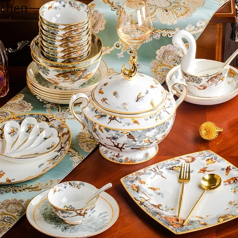 ZML piece complete tableware set Luxury bone china dinnerware sets rice bowl plate chopsticks kitchen dishes dinner dish set view 2