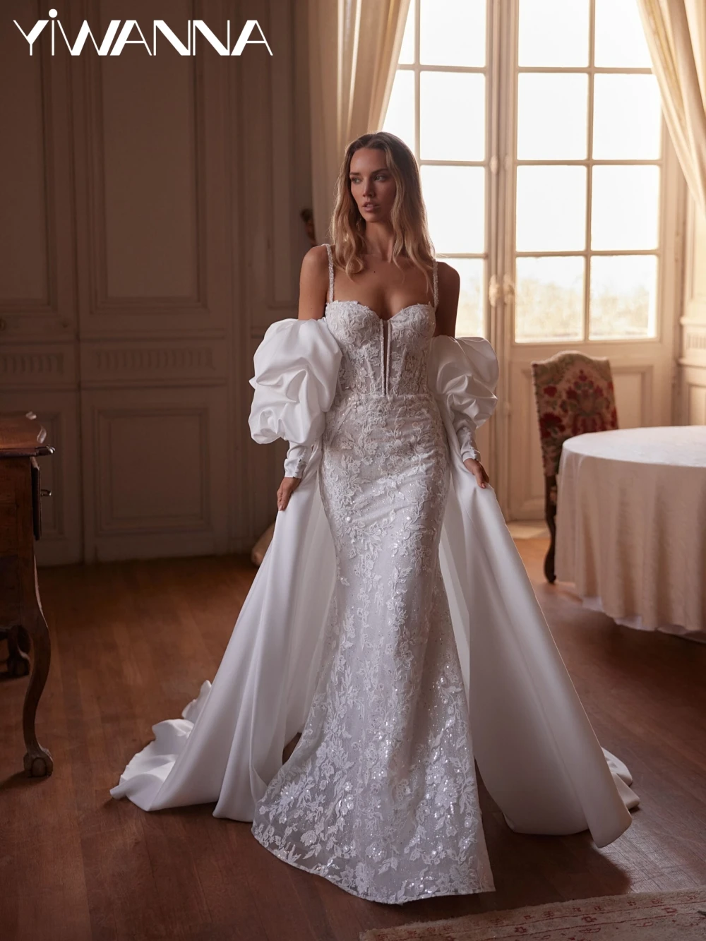 

Detachable Train Shiny Lace Appliques Wedding Dress Dreamy Thin Straps Mermaid Bridal Gown 2026 New Customized Dresses For Bride