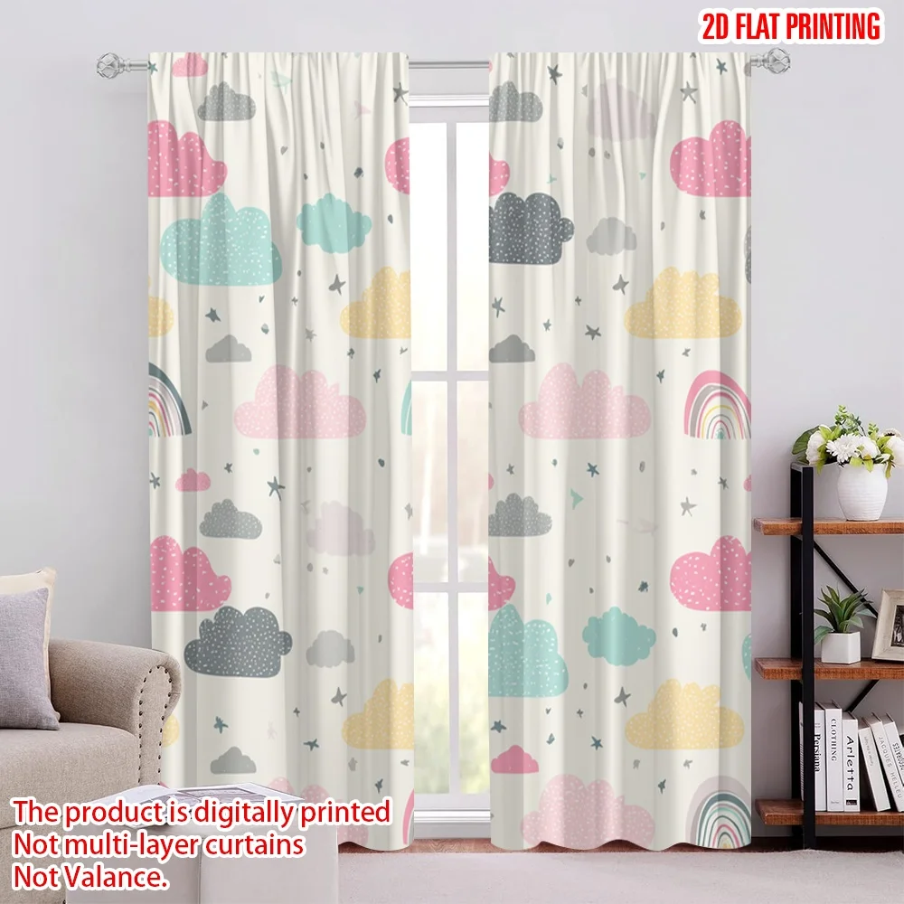 2 Stück 2D-Flachdruck-Szenenvorhang, rosa, blau, Regenbogen, Wolken, Sterne, digital bedruckte Polyester-Vorhänge, Familien-Party-Dekoration