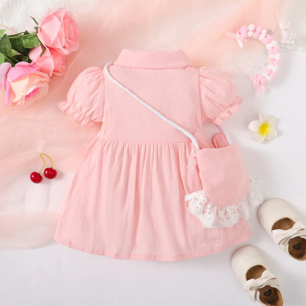 2PCS Baby Girl Pink Short Sleeve Dress with Cute Shoulder Bag Toddler Baby Princess Dress Summer Fashion Clothes for 3-24 Months