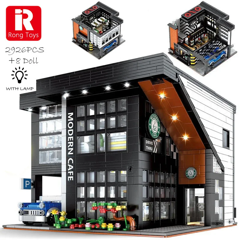 City Architecture Coffee Shop Building Blocks Creative Modular Street View House Bricks Toys With Lights Cafe Construction Set