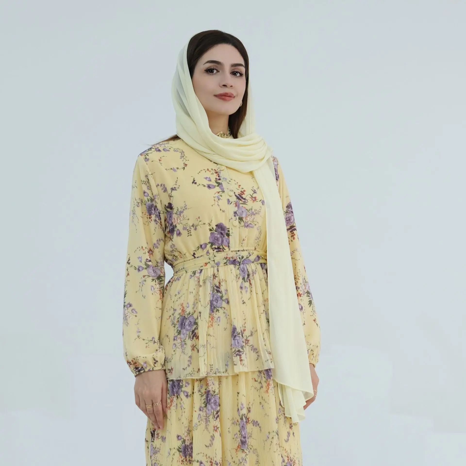 

Мусульманские платья Эластичные манжеты Шифоновое платье с цветочным принтом Исламская одежда Дубай Абая Оптовик Ид Рамадан Стиль Скромное платье макси