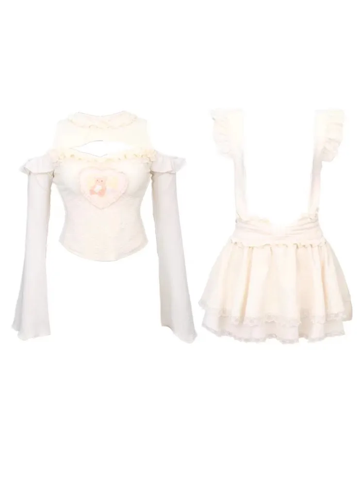 Conjunto de vestido kawaii de 2 peças, top fino, cintura alta, mini vestido doce y2k, estampa fofa, moda festa, verão, estilo japonês, 2024