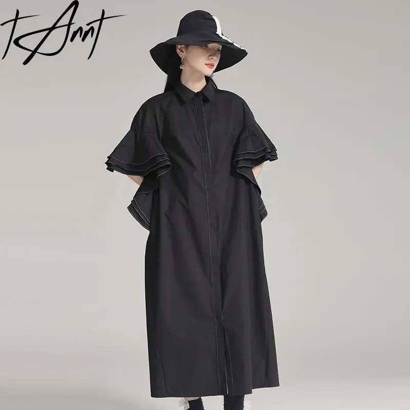 Tannt Women Dress Flare Sleeve Fashion Long Shirts Dresses Black White Vintage Fashion Long Summer Casual Dresses 2024 New