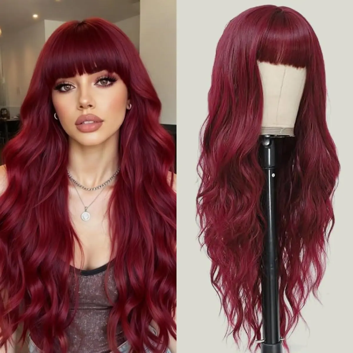 Synthetic Wig Curly Wine Red Party Halloween Wig Cosplay Wig Role-Playing Wig High-Temperature Thread Wig Headband