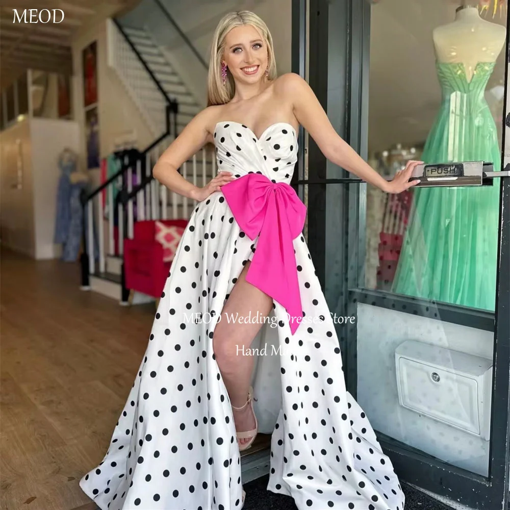 

MEOD Satin Evening Dresses High Slit Sweetheart With Bow Prom Gowns Floor Length Polka Dot Elegant Robes De Soirée Customized