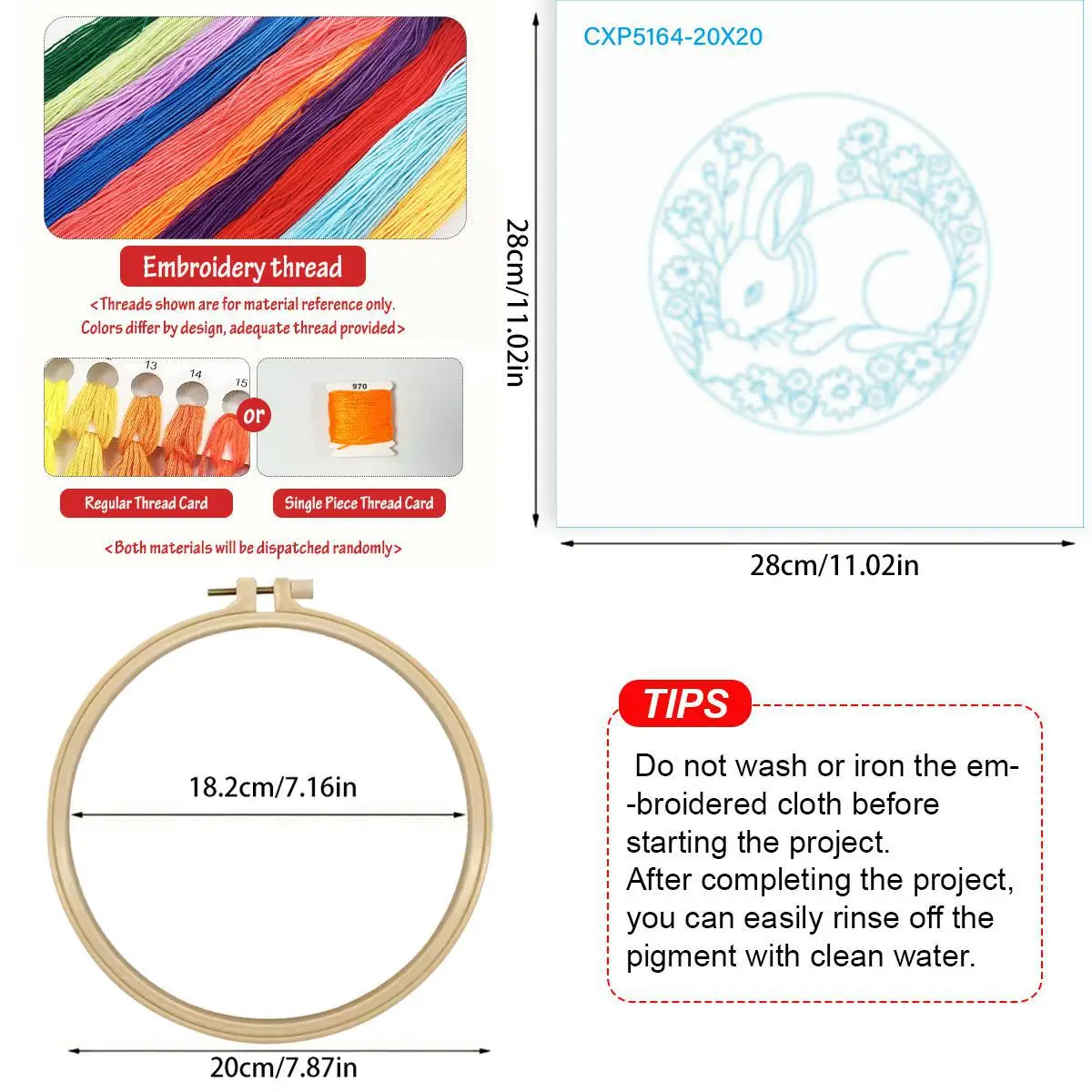 1 Stück 20X20CM/15X15CM 7,87/6,3 Zoll Kleines Weißes Kaninchen Stickerei Starter-Kit DIY-Kit DIY-Stickerei-Set Handarbeiten Nadelkunst – Detail 5