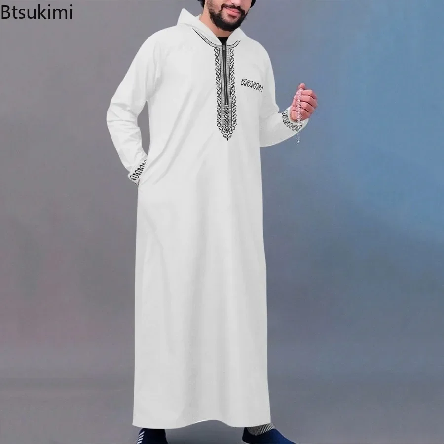 2025 Muslim Men Dress Ethnic Style Embroidered Long Sleeve Stand Collar Kaftan Islamic Clothing Men's Luxury Elegant Hooded Robe