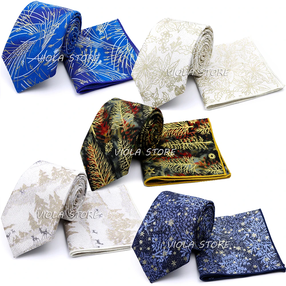 

Gold Print Wheat Tree Star Deer Cotton 8cm Tie Sets Hankie Floral Blue Men Wedding Party Christmas Cosplay Cravat Gift Accessory