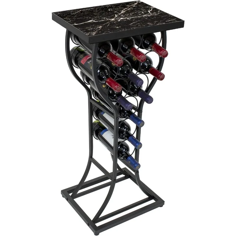 Wine T1 Console pour bar à la maison, mini support à vin avec dessus de table en faux marbre blanc, métal durable autoportant