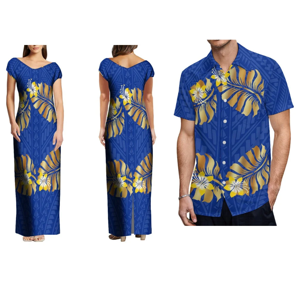 Vestido polinésio feminino e masculino com decote em v, estampa étnica tribal personalizada, saia longa elegante e justa, camisa de casal, temperamento