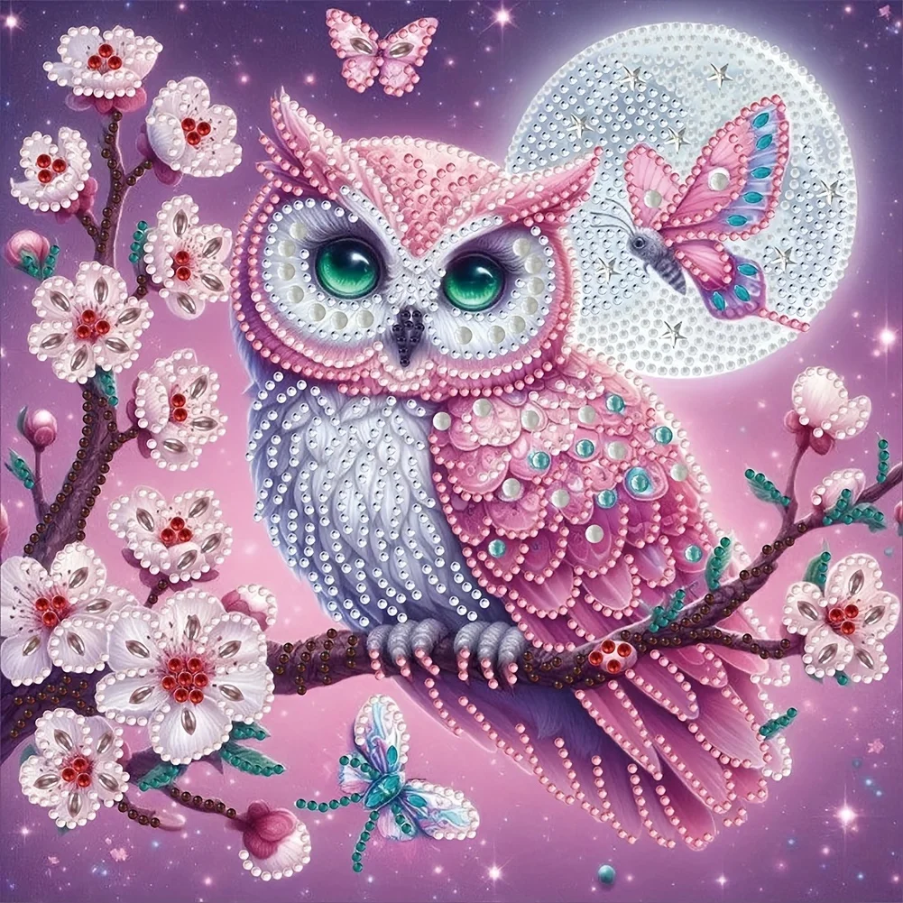 Pintura de Diamantes con Diseño de Búho con Pedrería Rosa en Rama de Flor de Ciruelo, Mariposa Colorida, Estrella, Luna y Cielo Púrpura