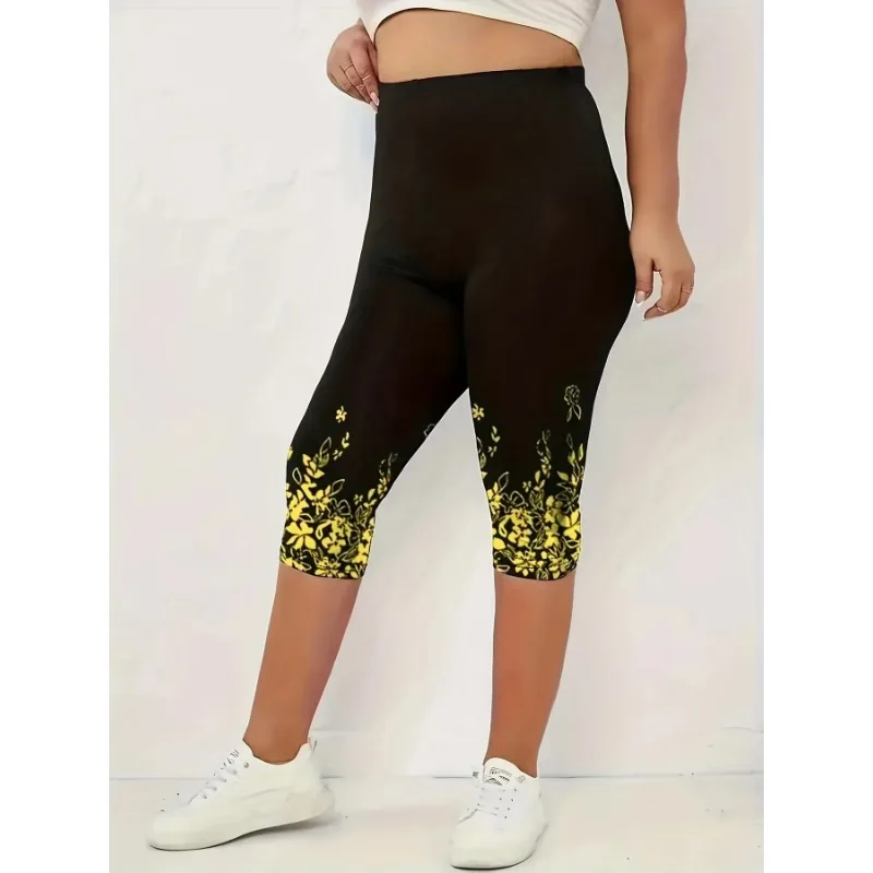 S-XXL เลกกิ้งคาปรีรัดรูปสำหรับผู้หญิง, เลกกิ้งแฟชั่นผ้ายืดทรงสลิมฟิตภาพพิมพ์ดอกไม้สูง