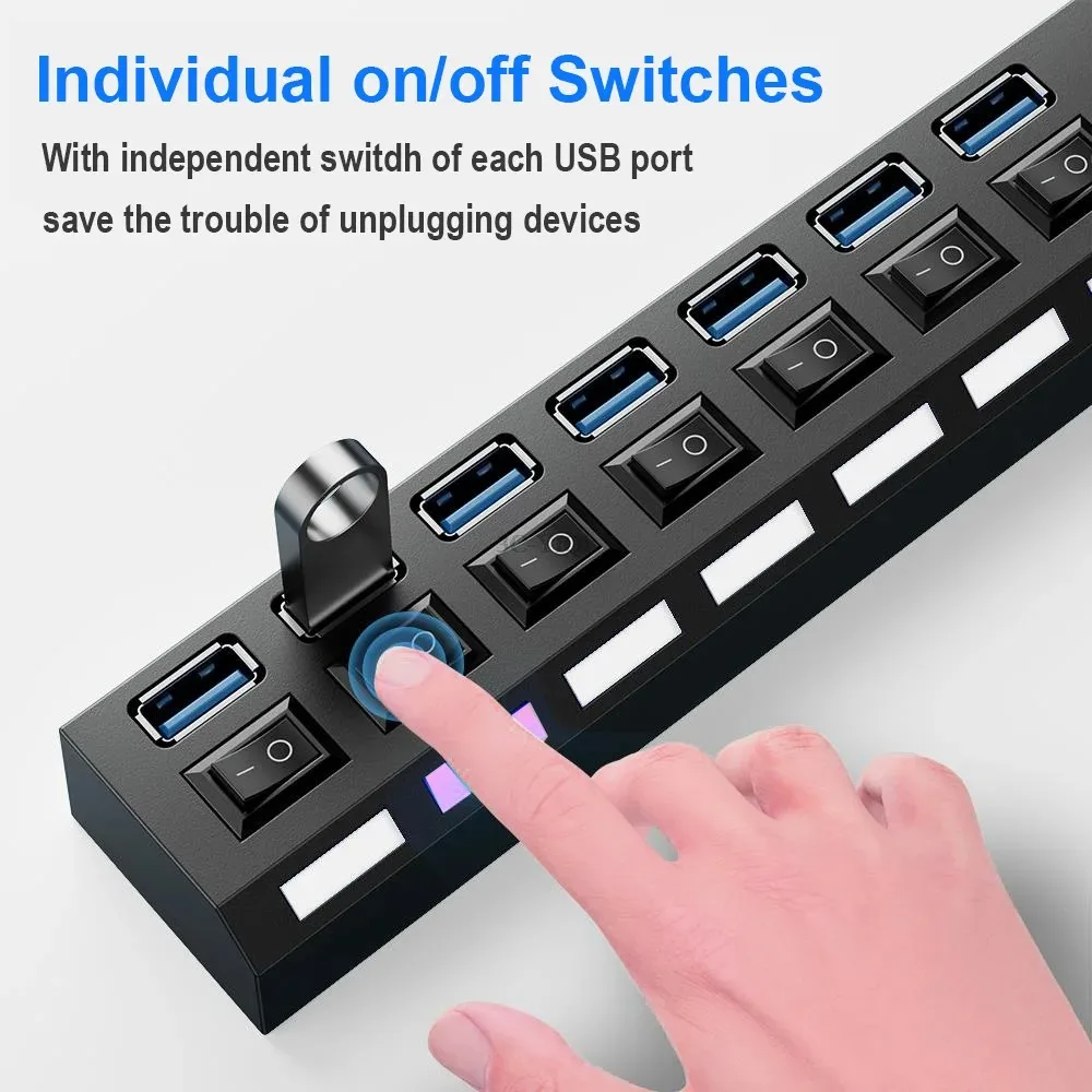 Hub USB 7 in 1 Splitter USB con interruttore on/off USB 2.0 Docking station USB con trasmissione ad alta velocità da 480 Mbps per laptop MacBook
