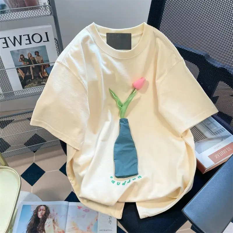 

Comfortable Loose Casual Round Neck Solid Color Tulip Flower Short Sleeve T-Shirt Summer Hong Kong Style Unique Fashion Trendy