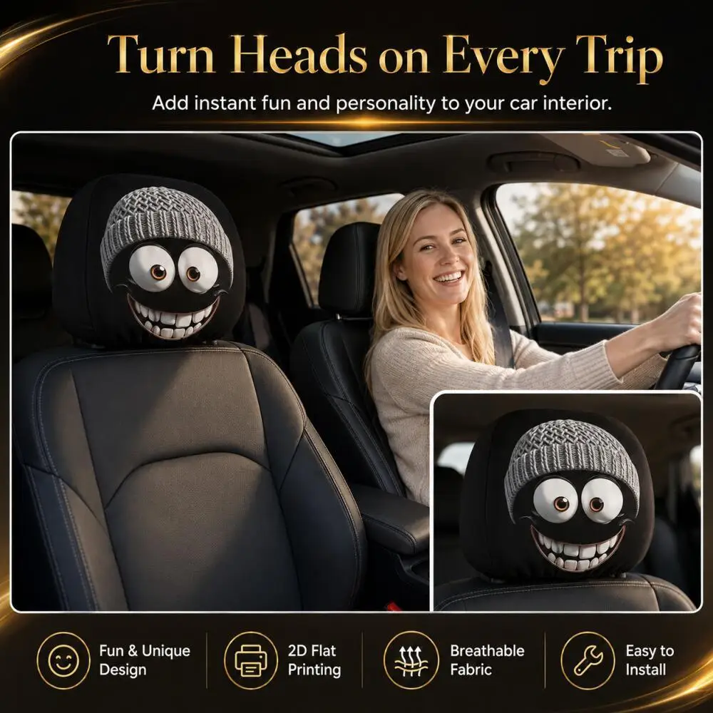 2PCS Capa de Apoio de Cabeça de Carro em Tricô com Desenho de Carro e Sorriso Grande, Protetor Universal Elástico para Apoio de Cabeça Automotivo com Expressão Engraçada e Divertida