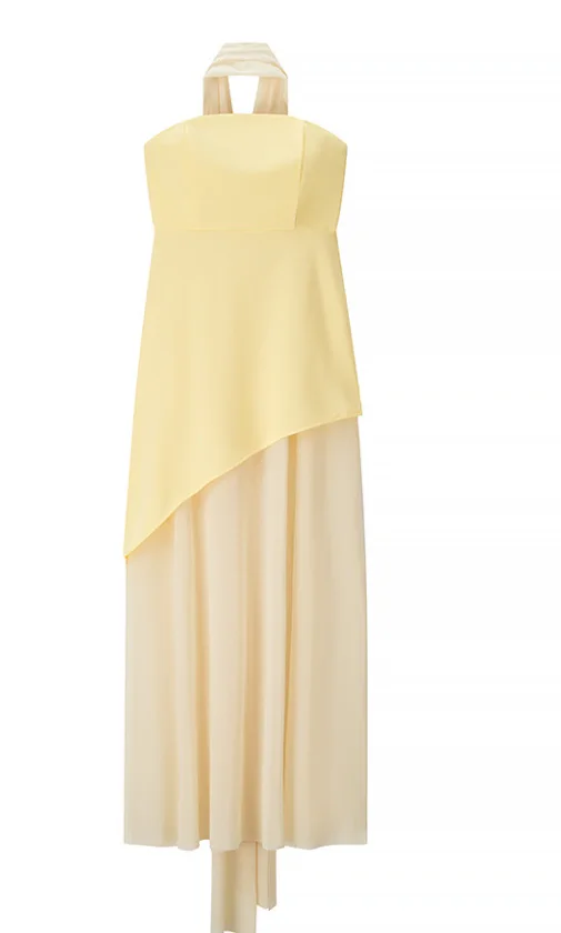 Elegante dames strapless lint lange jurk vintage mesh patchwork korset maxi-jurken zomeravond bruiloft gast wit geel