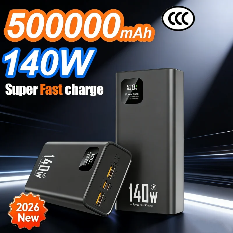 

140 Вт, 500000 мАч, внешний аккумулятор большой емкости, сверхбыстрая зарядка, портативное зарядное устройство CCC для iPhone 12-17, Samsung, 2026, новинка