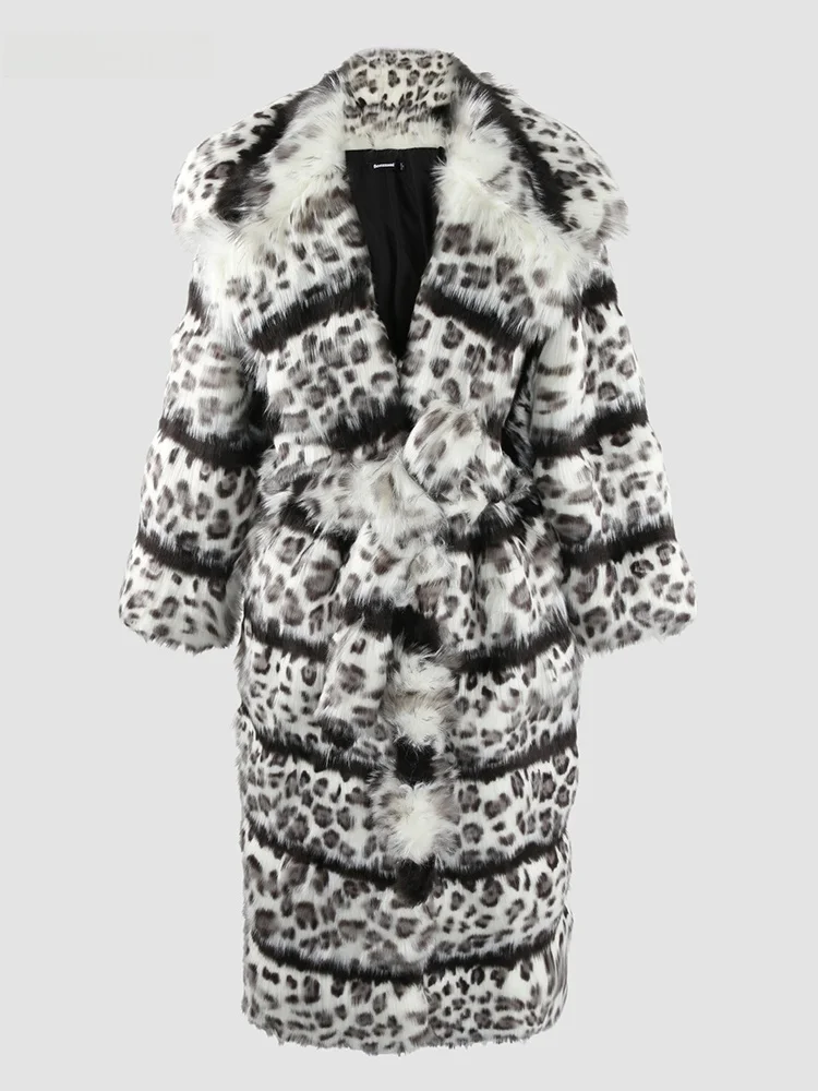 Nerazzurri Long  Fur Coat Women's Winter Jacket Leopard Print Color Block Stripe Design Youth Korean Style Standard Fit