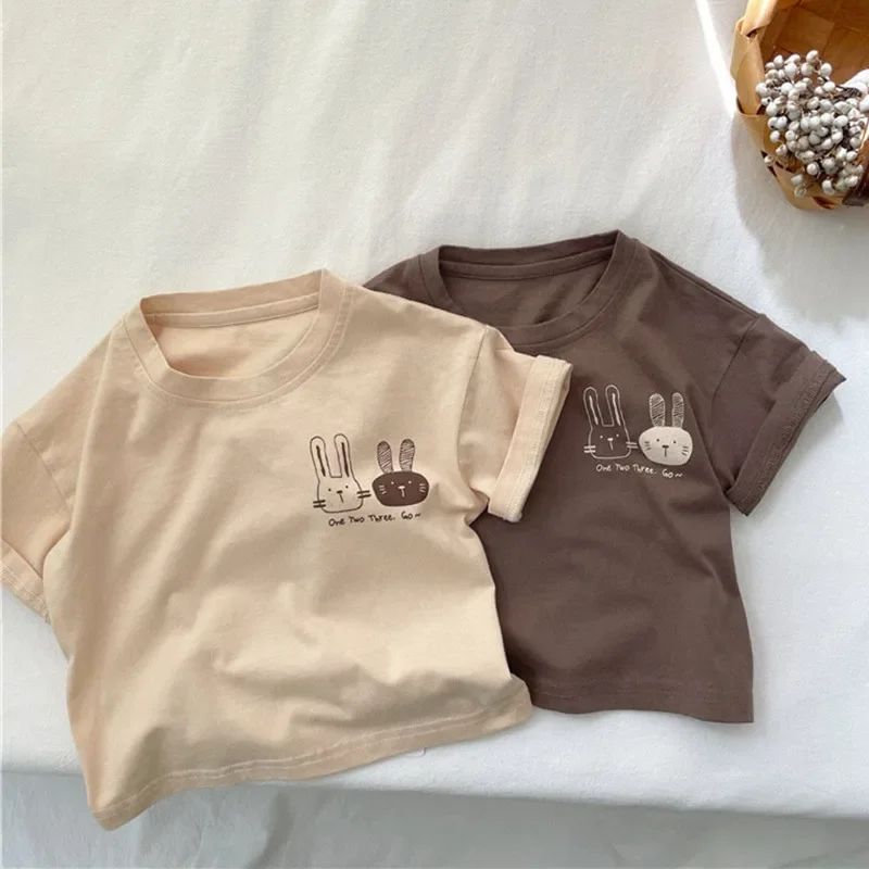 

2026 Summer New Arrivals Children's short sleeve T-shirts Pure Cotton 2-7Y Cartoon Bunny T shirt Boys and Girls Looe casual Tops