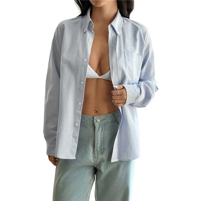 

【SEE】Womens Oversized Button Down Shirts Smocked Cuffed Ruffle Sleeve Collared Work Casual Top With Pockets