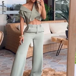 Wefads Women's Two Piece Set Fashion Summer Solid Sleeveless Lapel High Button Top Casual With Pocket Pants Sets Streetwear