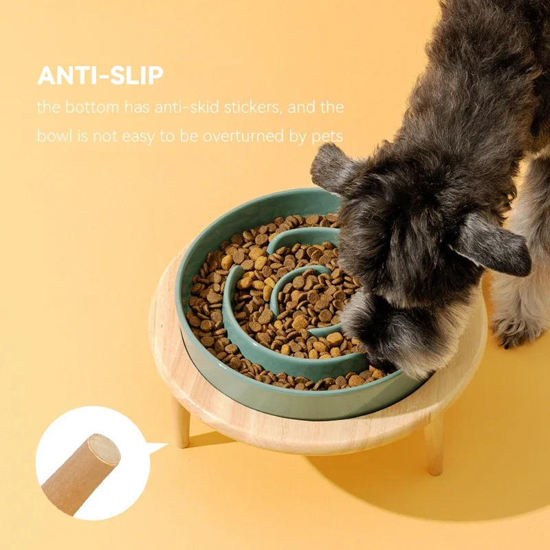 Small Dog Slow Feed Bowl Elevated Cat Drinking Eating Ceramic Bowls with Wooden Stand Pet Anti-Gulping Feeding Food Water Plate