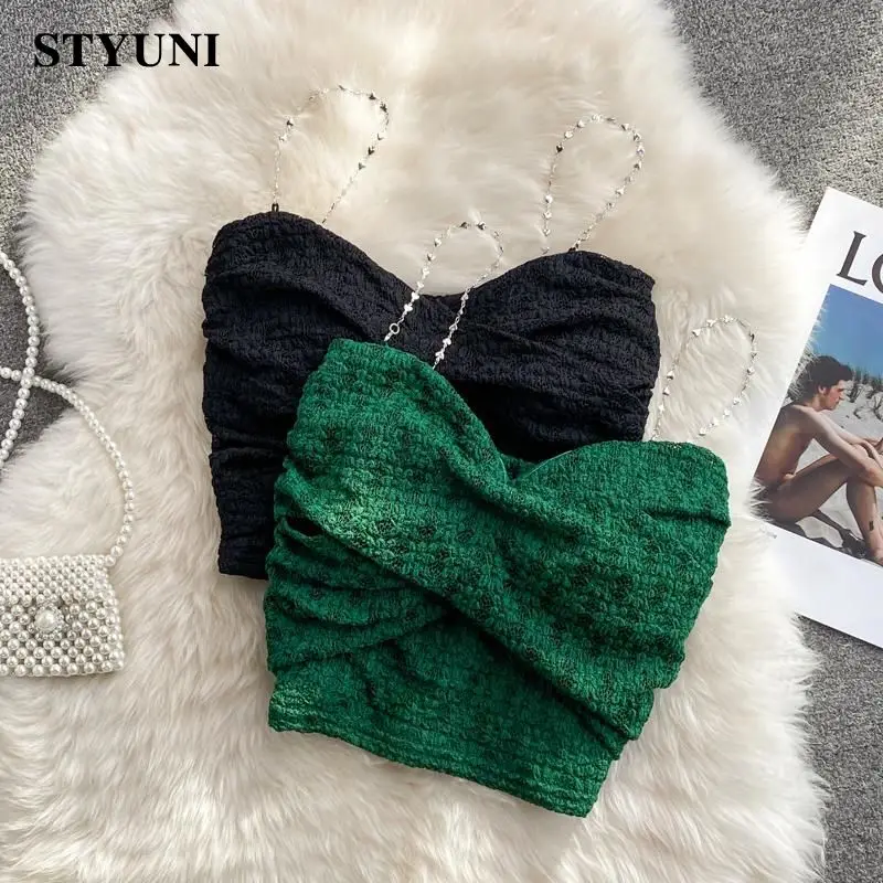 

Зеленый бюстгальтер с перекрестными узелками, кружевной жилет на бретелях с металлической цепочкой, нижнее белье, женская летняя короткая кофта, сексуальные топы для женщин, 2023