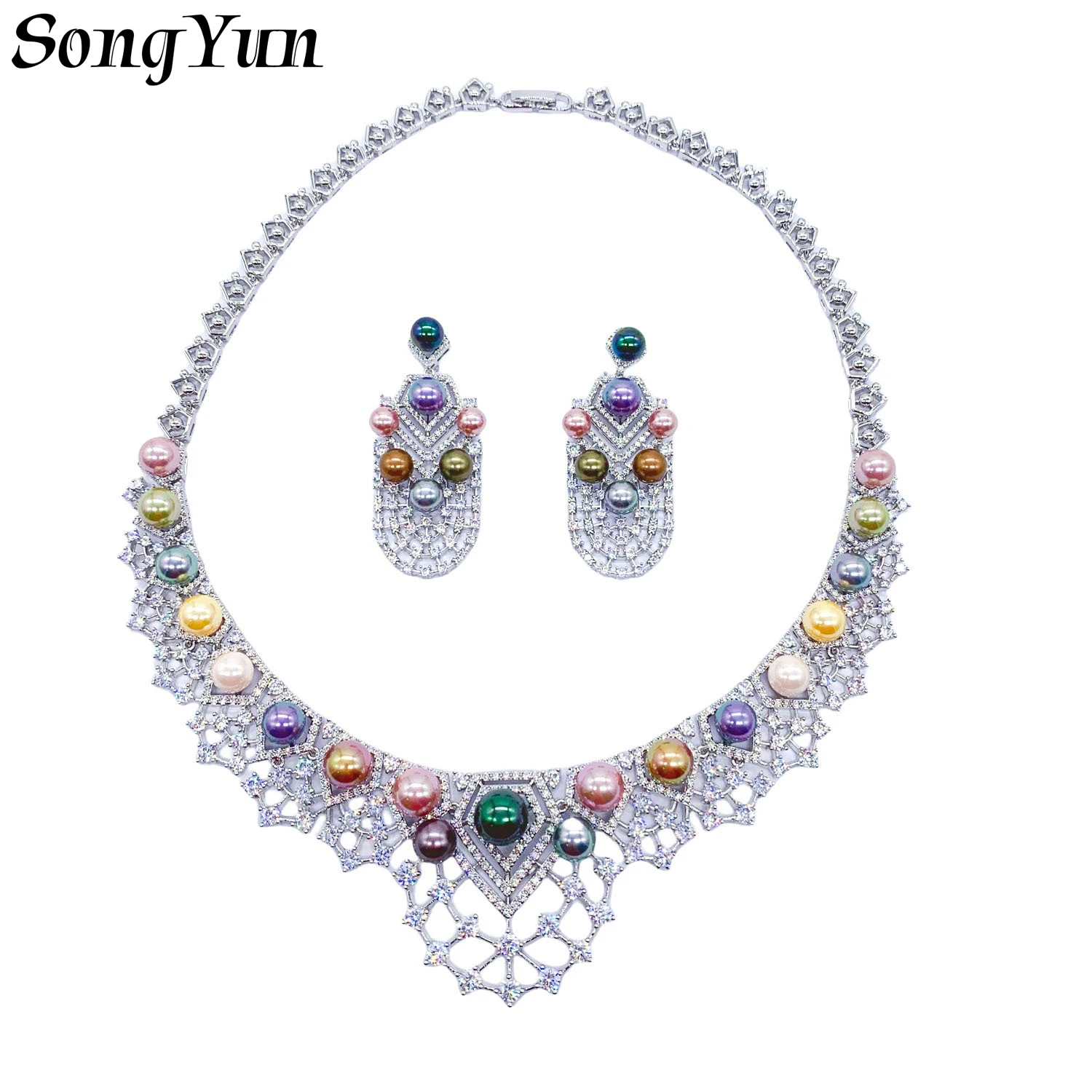 

Fashion Colorful Pearl Cubic Zircon Necklace Earrings Bridal Wedding Jewelry Set for Women's Parties Anniversaries Engagements