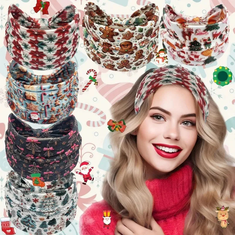 2pcs Christmas Headbands New Year Printing Holiday Santa Claus Snowflake Elastic Hair Band Gifts for Women Festival Decor Hair