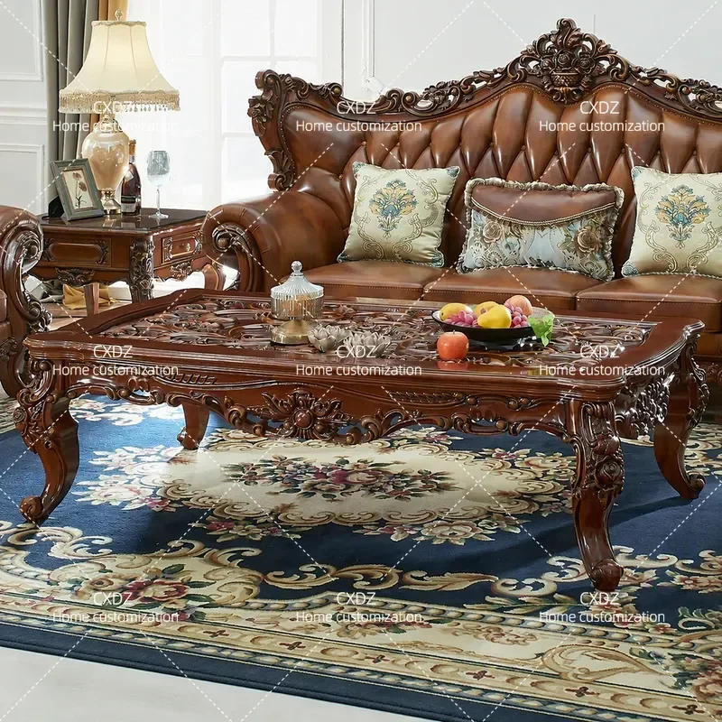 Luxury Marble Coffee Table Solid Wood Carving Flower TV Cabinet Combination Piano Paint Square Kung Fu Tea Table for Living