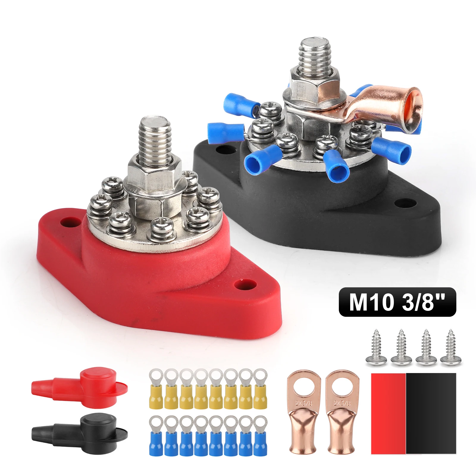 M10 Stud and 16 M4 Ground Blocks Nickel  12V - 48V Black Red 3/8