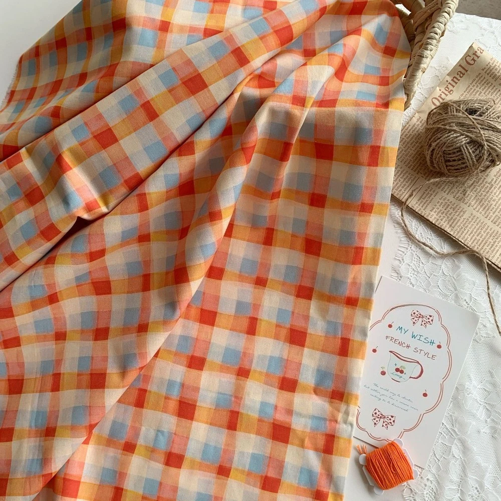 Image of 145x50cm 40S Baumwollstoff mit Aufdruck, Orange-Blau Kariert, DIY-Stoff für Kleidung, Accessoires, Haarbänder, Taschen, Nähstoff