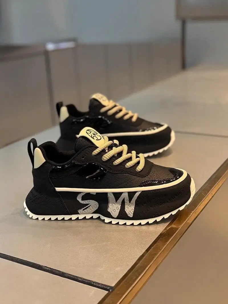 Men's Casual Sport Shoes Autumn Fashion Brand Leather Thick Bottom Heightening Black Dad Shoes Comfortable All-Match Leisure