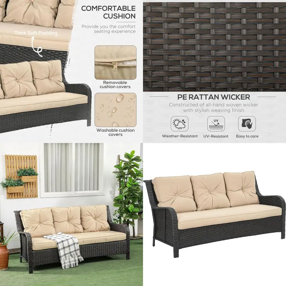 

Трехместный уличный диван с мягкими подушками толщиной 4 дюйма, из искусственного ротанга, с изогнутыми подлокотниками, для патио, сада, террасы, бассейна