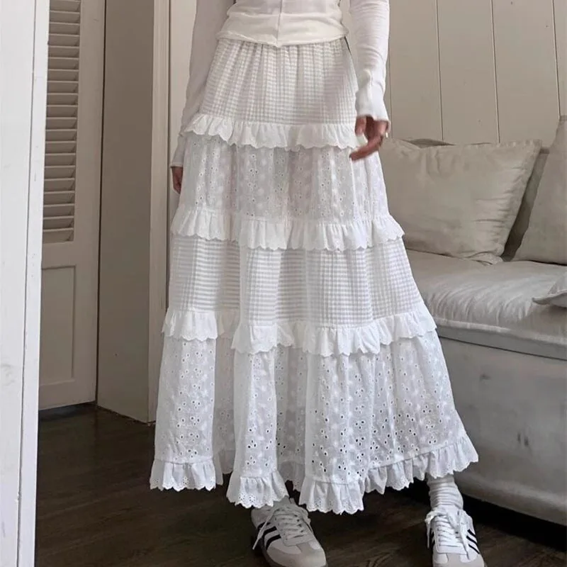 Casual White Cake Skirts Spring Autumn Lace Ruffles A-Line Long Skirts for Women Elegant Midi Skirts Female Clothes faldas mujer