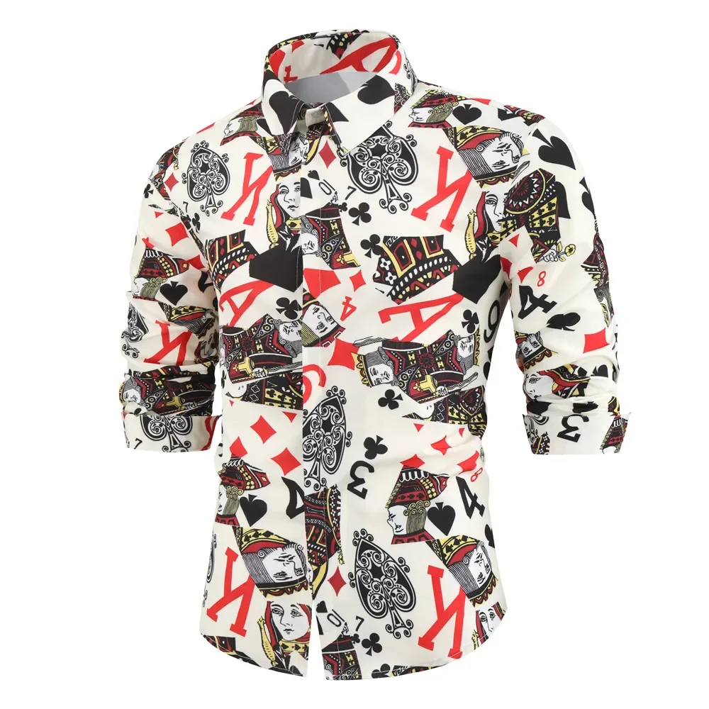 Chemise à manches longues imprimée de cartes de jeu 3D pour hommes, chemisier floral masculin, design de mode, décontracté, basique, zones, luxe, fête