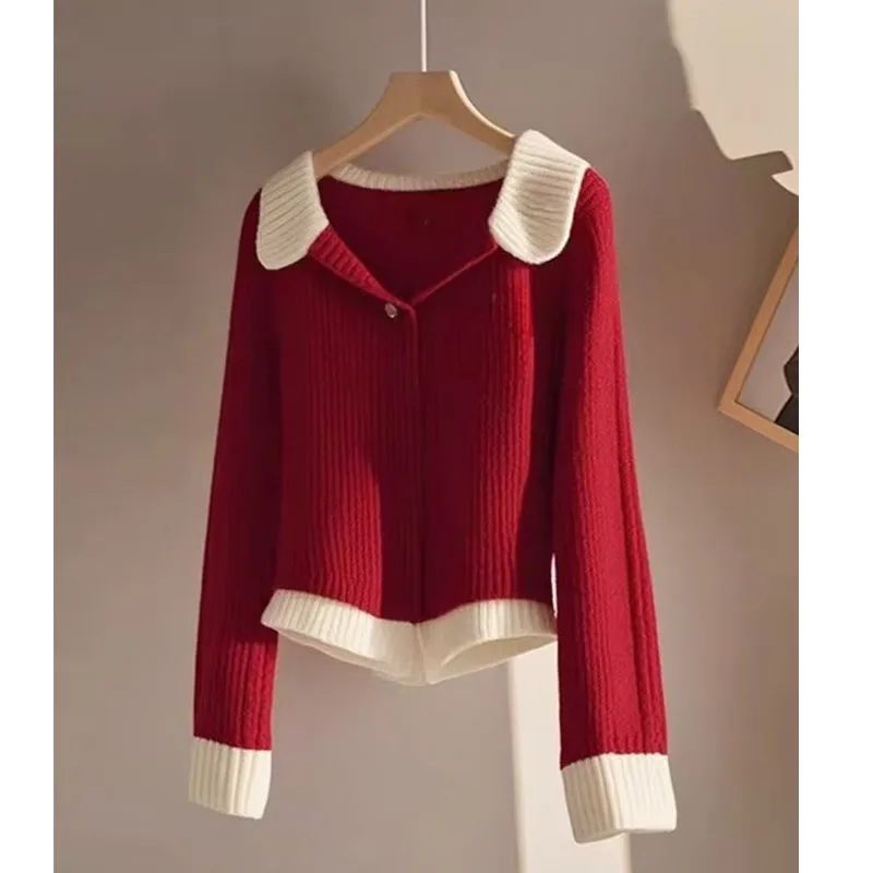 2024 Autumn Winter New Vintage Solid Knit Jumper Women Clothing Fashion Chic Turn-down Collar Sweaters Loose Warm Wool Pullovers