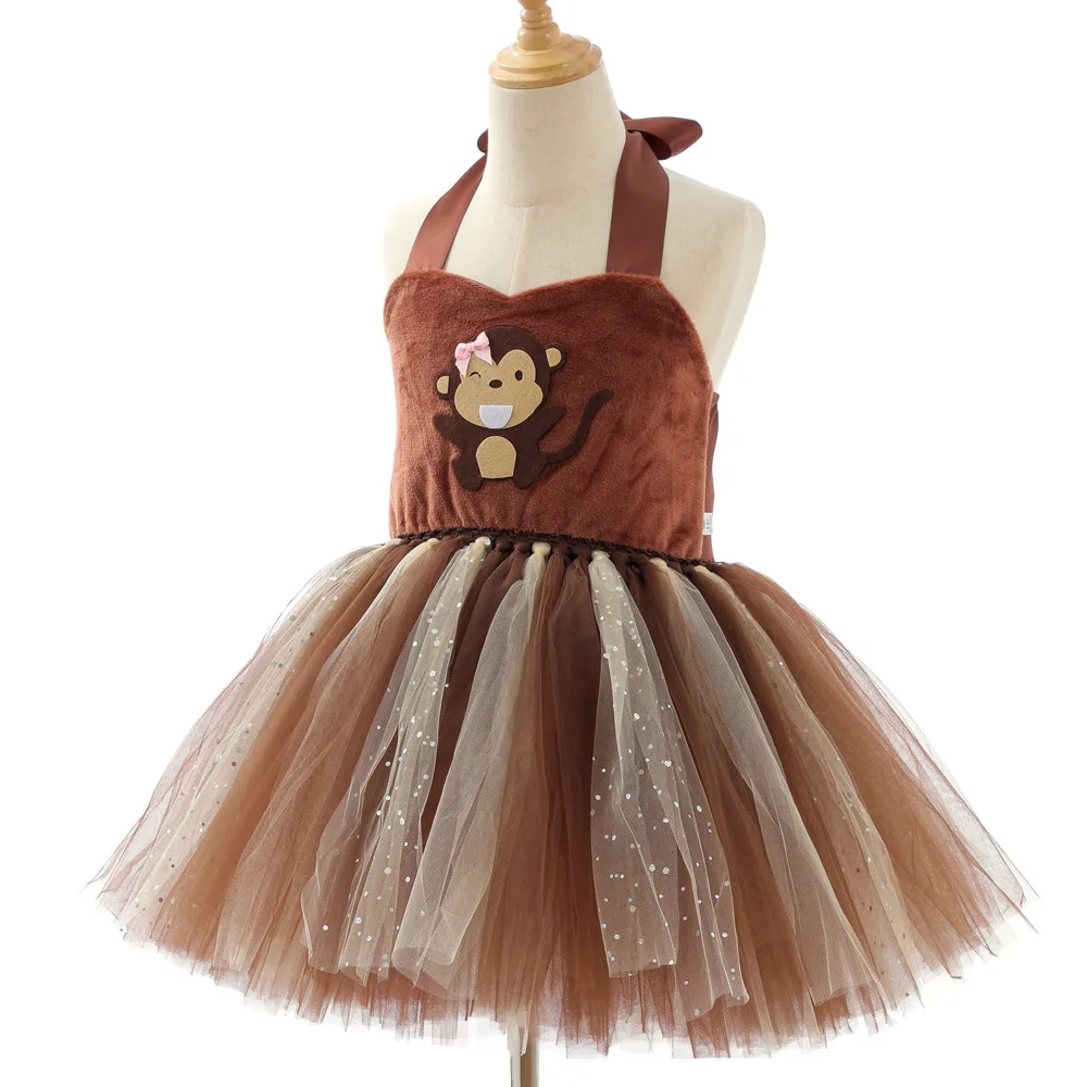 Girls Cartoon Monkey Animal Tutu Dress Kids Stage Performance Halloween Children's Day Carnival Birthday Party Role Play Outfit