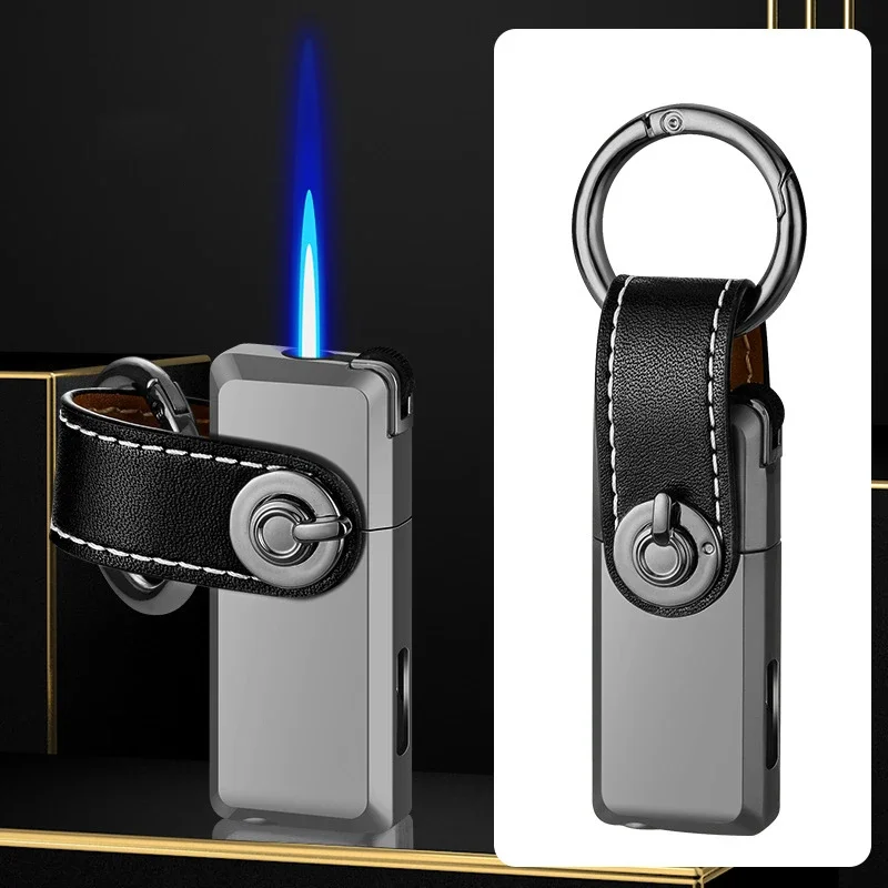 Mini Keychain Inflatable Lighter Metal Windproof Blue Jet Flame Grinding Wheel Butane Portable Lighter Men\'s Small Tool