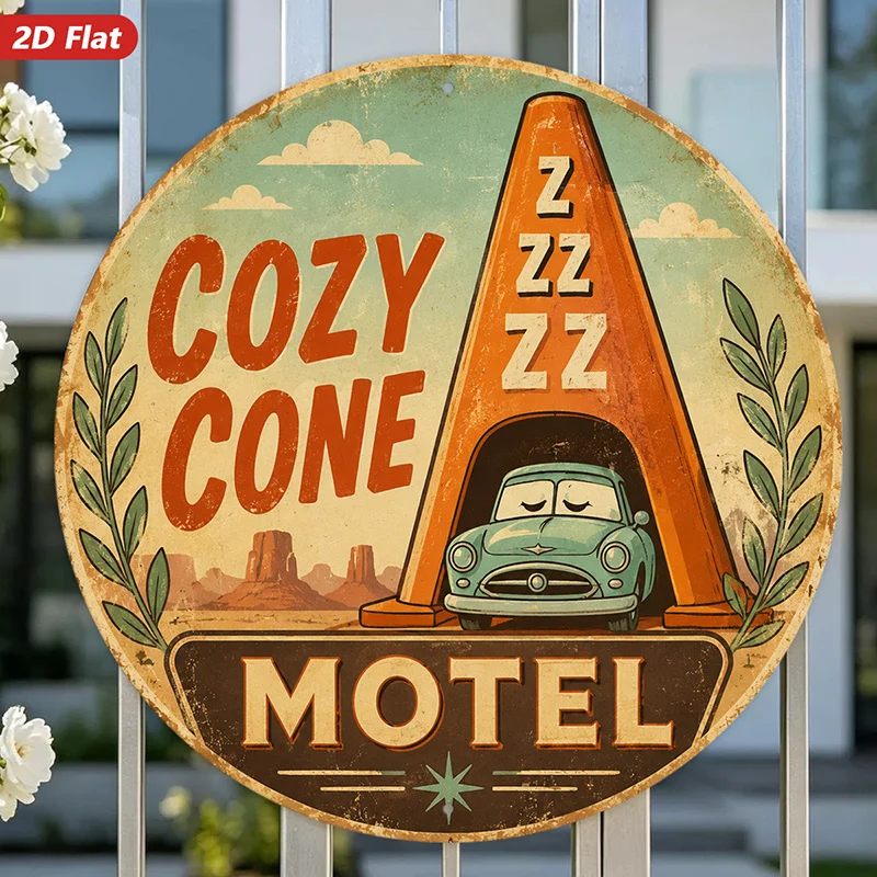 2D Flat, 1pc Cozy Cone Motel Round Metal Sign Wall Art, Sleepy Car Under Orange Cone, Home Decor, Ideal for Corner Study Living