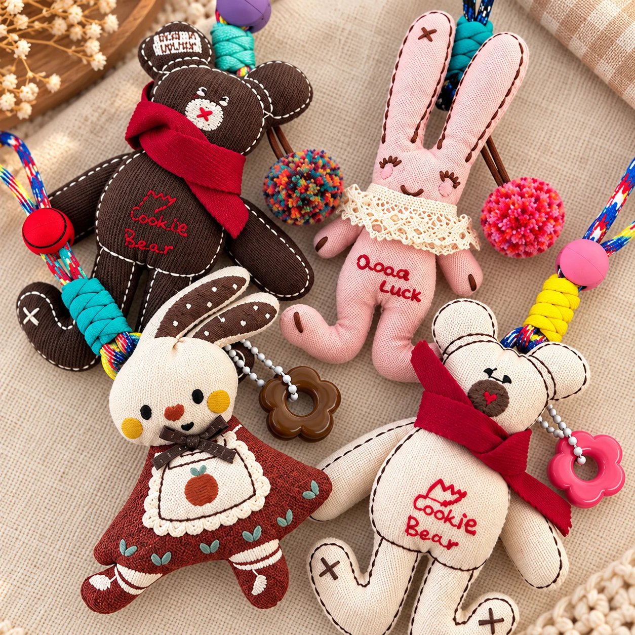 Cartoon Bear & Bunny Fabric Keychain, Padded Apron Rabbit Brooch Charm, Cute Trendy Bag Pendant Accessory for Women