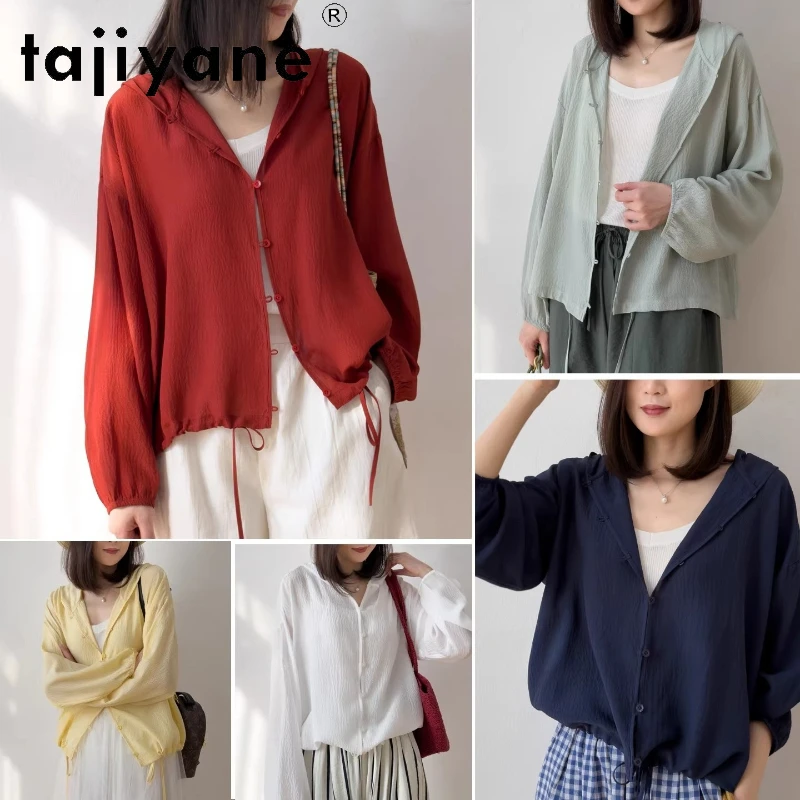 

TAJIYANE 100% натуральная шелковая рубашка из тутового шелкопряда, женская повседневная блузка, шелковый кардиган с капюшоном, весенние топы для женщин, одежда 2026, рубашка